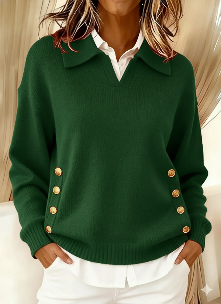 Women's Jumper – Oversized Collared V-Neck Gold Button Polo