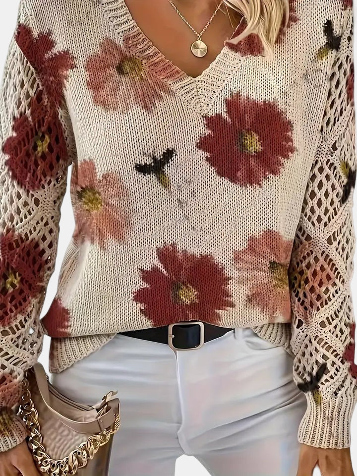 Women's Jumper – Floral Knit V-Neck