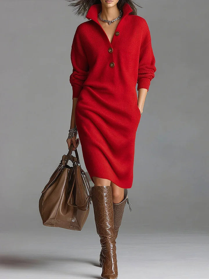 Women's Knitted Dress – Ribbed Collared Midi Winter