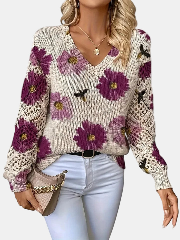 Women's Jumper – Floral Knit V-Neck