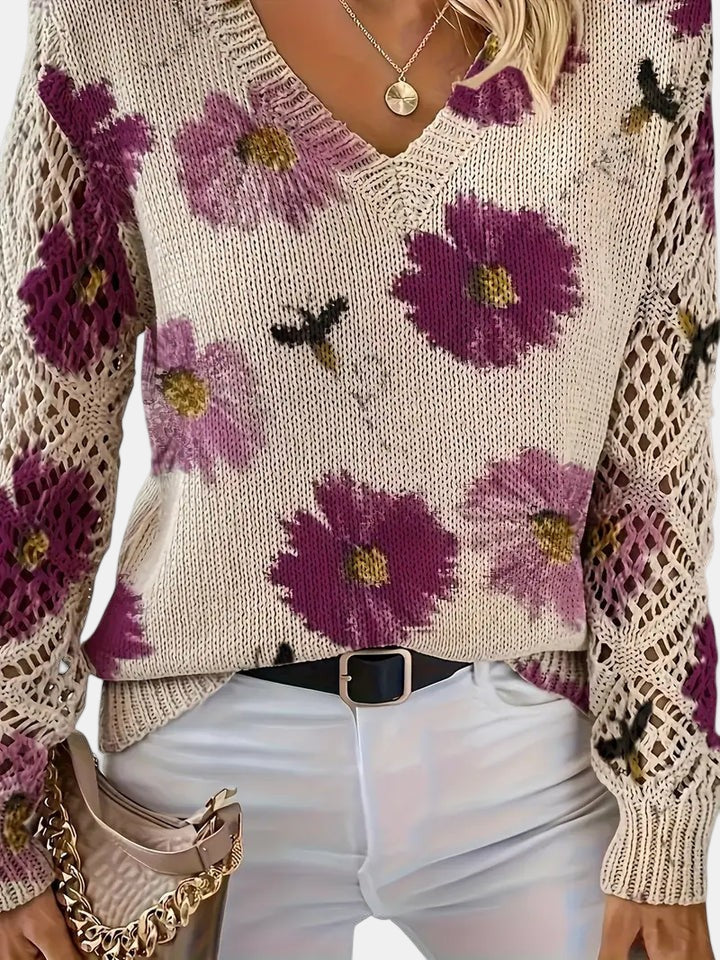 Women's Jumper – Floral Knit V-Neck