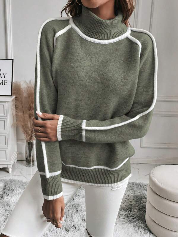 Women's Jumper – Cropped Striped Ribbed Knit Turtleneck