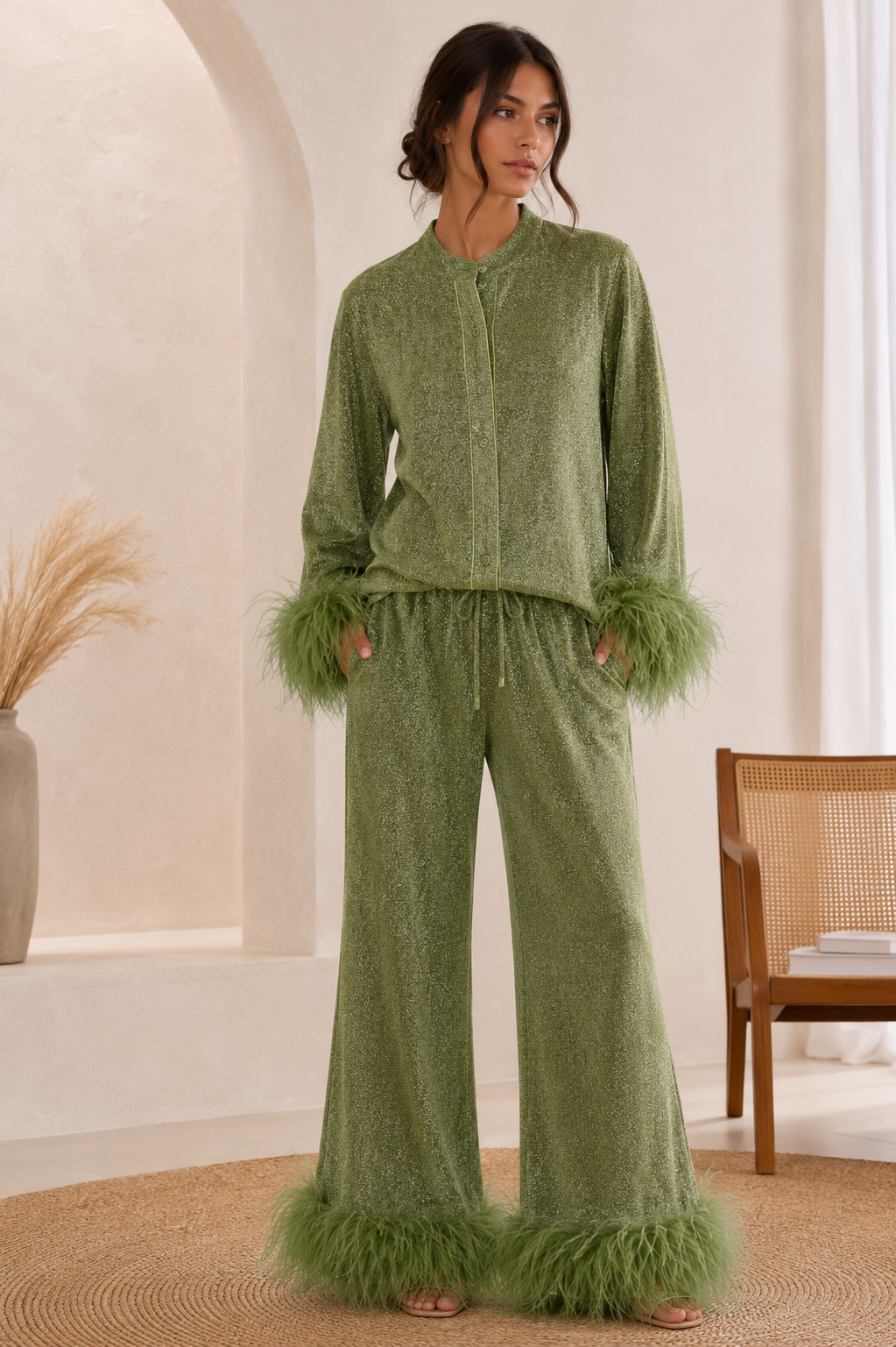 Women's Trousers – Feather-Trim Sequin Wide-Leg Co-Ord