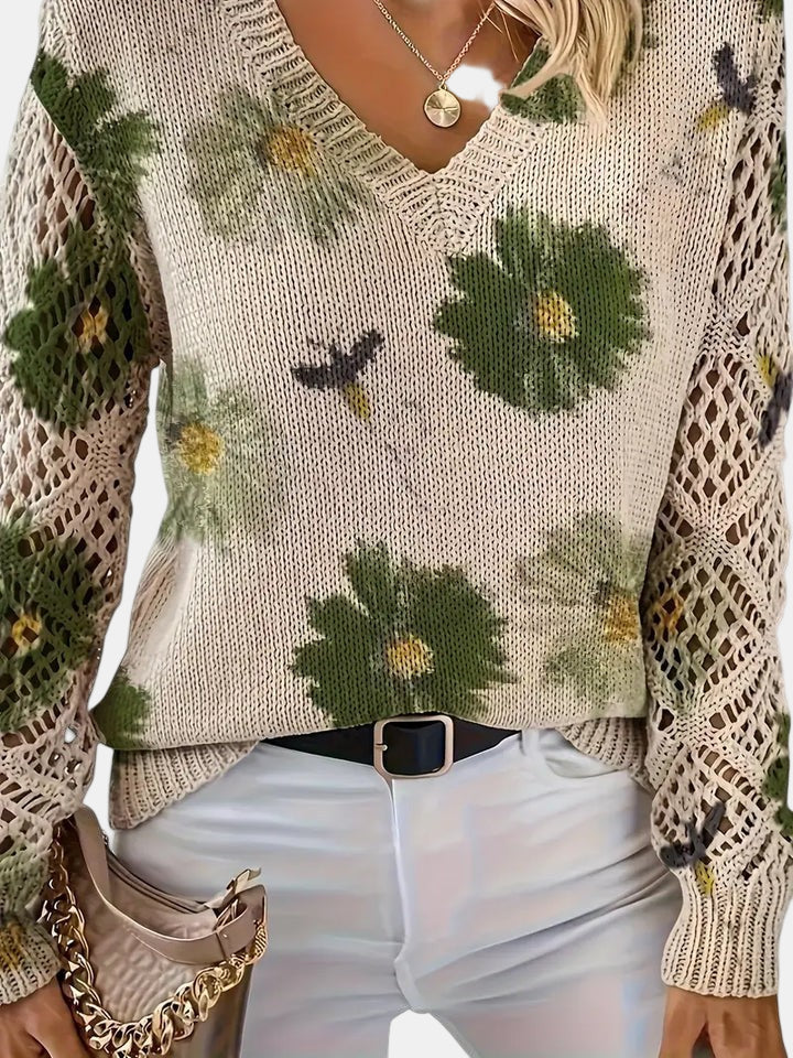 Women's Jumper – Floral Knit V-Neck