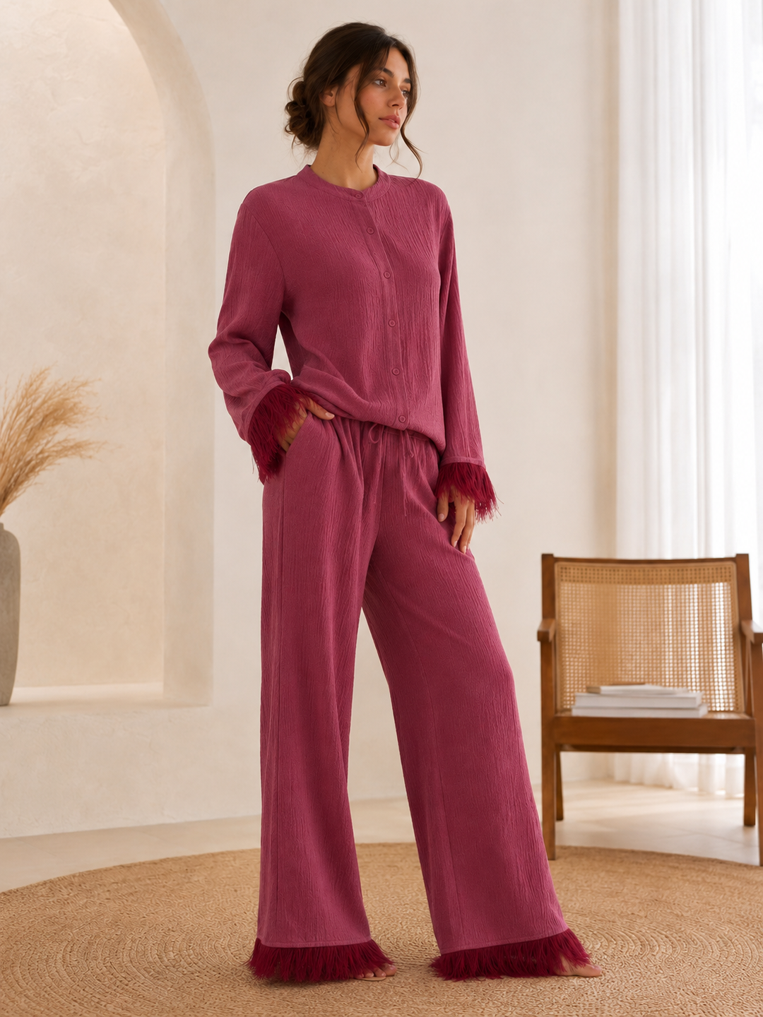 Women's Trousers – Feather-Trim Sequin Wide-Leg Co-Ord