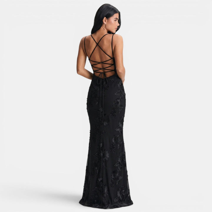Womens Fashion Style - Women's Lace Evening Maxi Dress with Open Back - product view 2