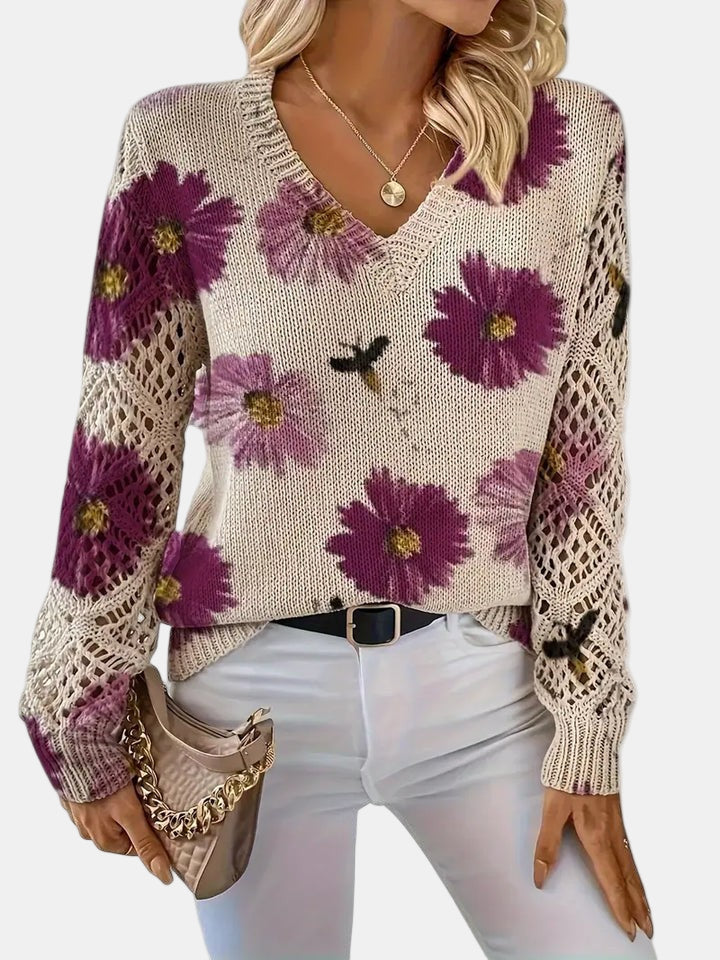 Women's Jumper – Floral Knit V-Neck