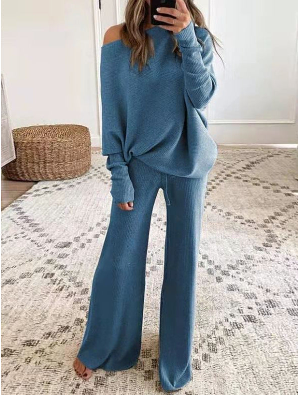 Women's Two-Piece Set – Knit Two-Piece Set Asymmetric Top & Trousers