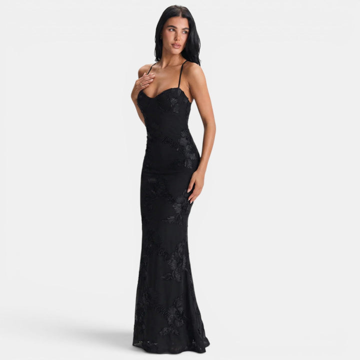 Womens Fashion Style - Women's Lace Evening Maxi Dress with Open Back - product view 1