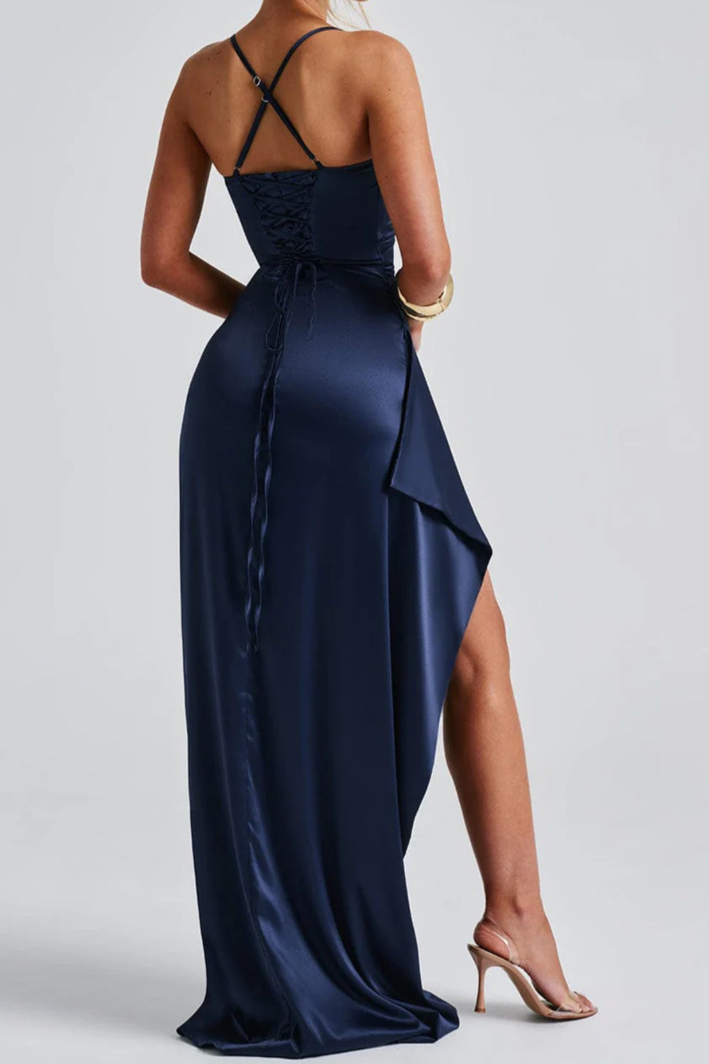 Women's Maxi Dress – Satin Strappy High-Slit