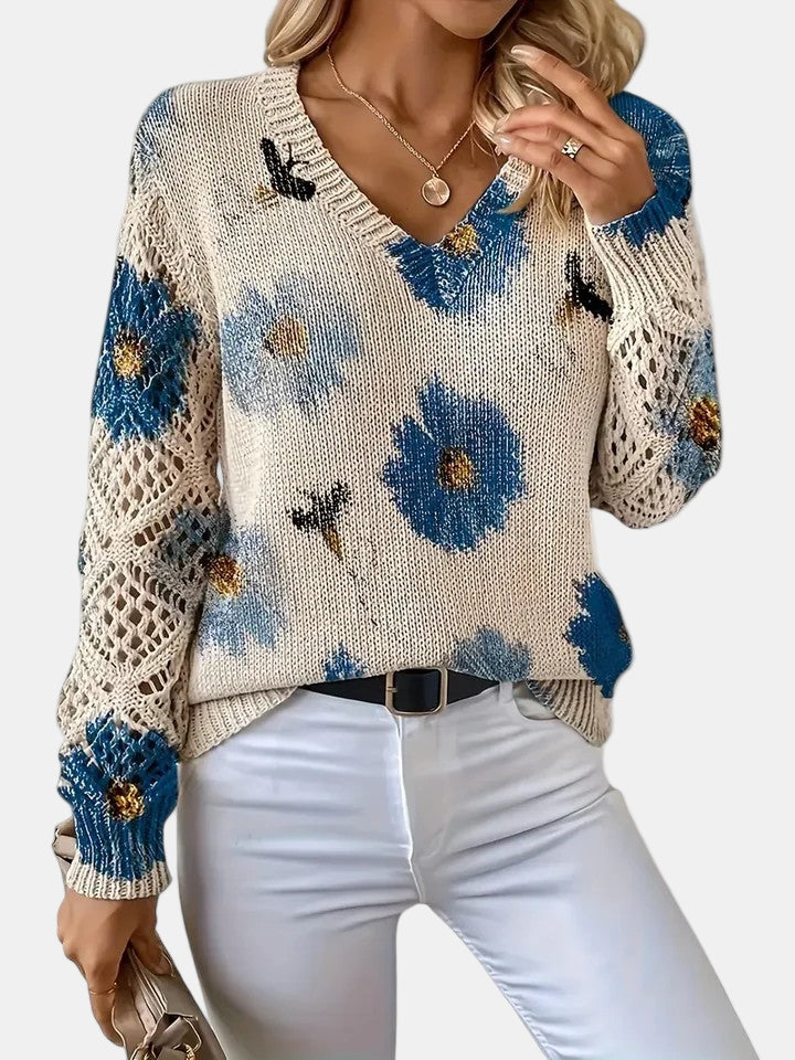 Women's Jumper – Floral Knit V-Neck