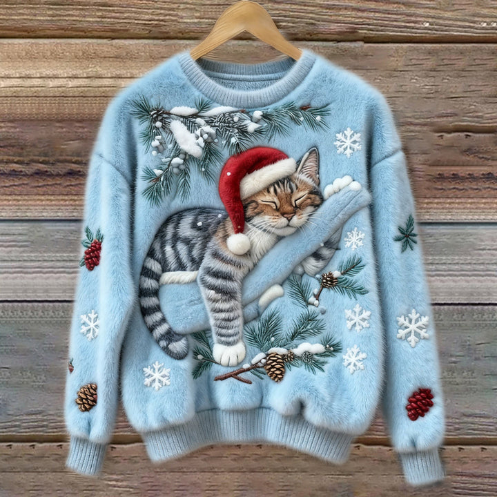 Women's Jumper – Festive Cat Print Crew Neck Christmas