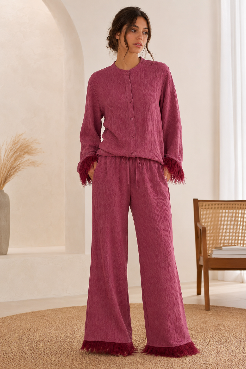 Women's Trousers – Feather-Trim Sequin Wide-Leg Co-Ord