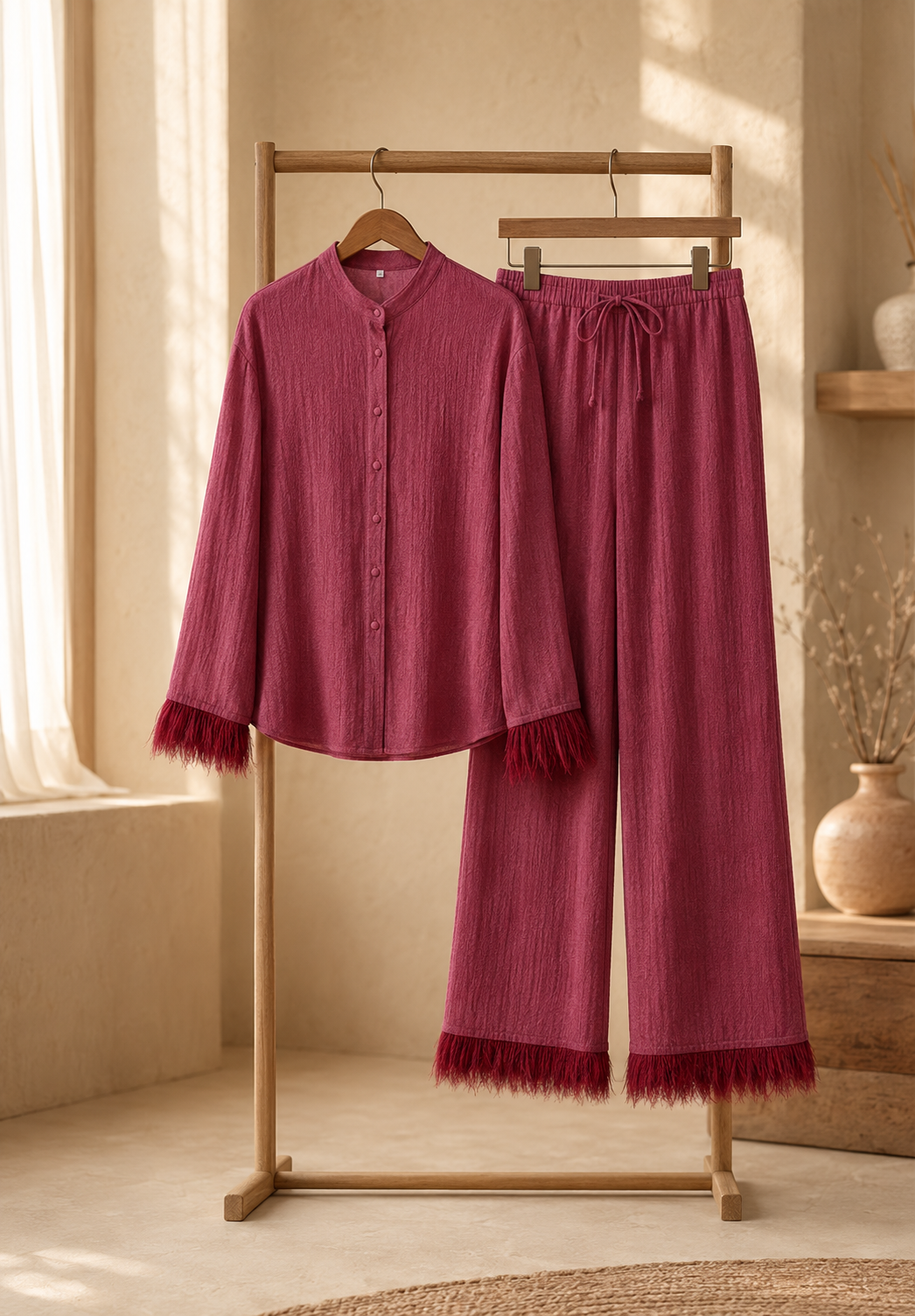 Women's Trousers – Feather-Trim Sequin Wide-Leg Co-Ord