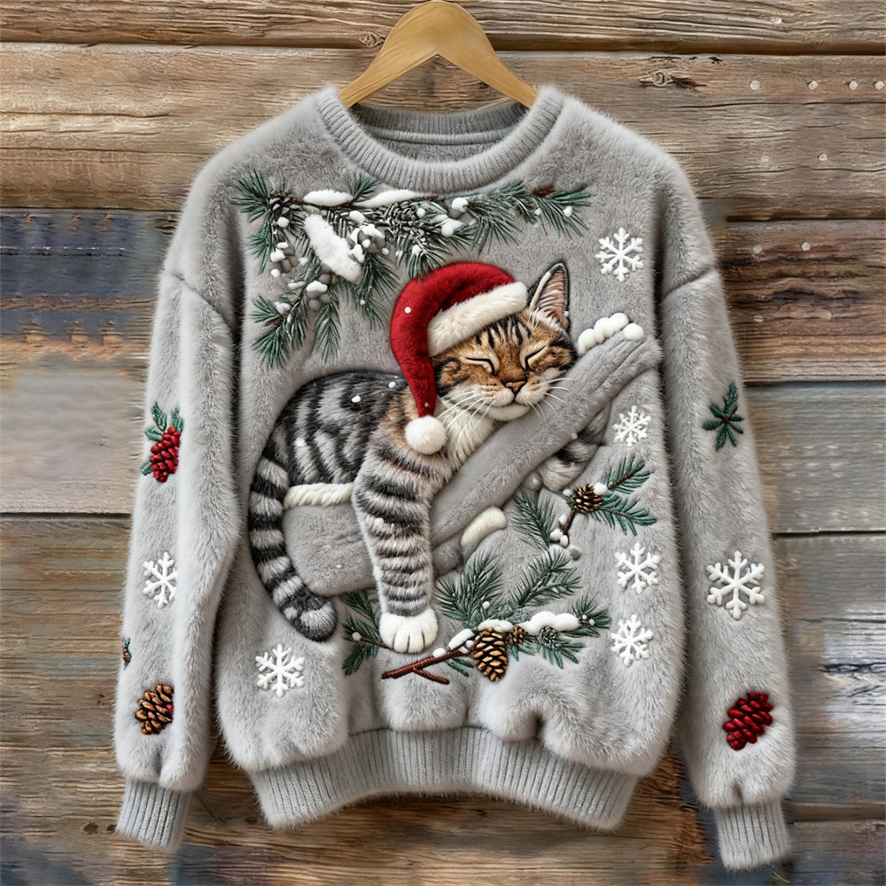 Women's Jumper – Festive Cat Print Crew Neck Christmas