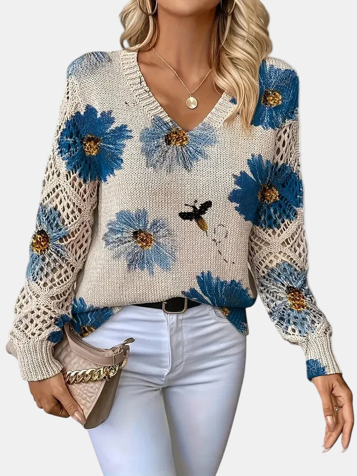Women's Jumper – Floral Knit V-Neck
