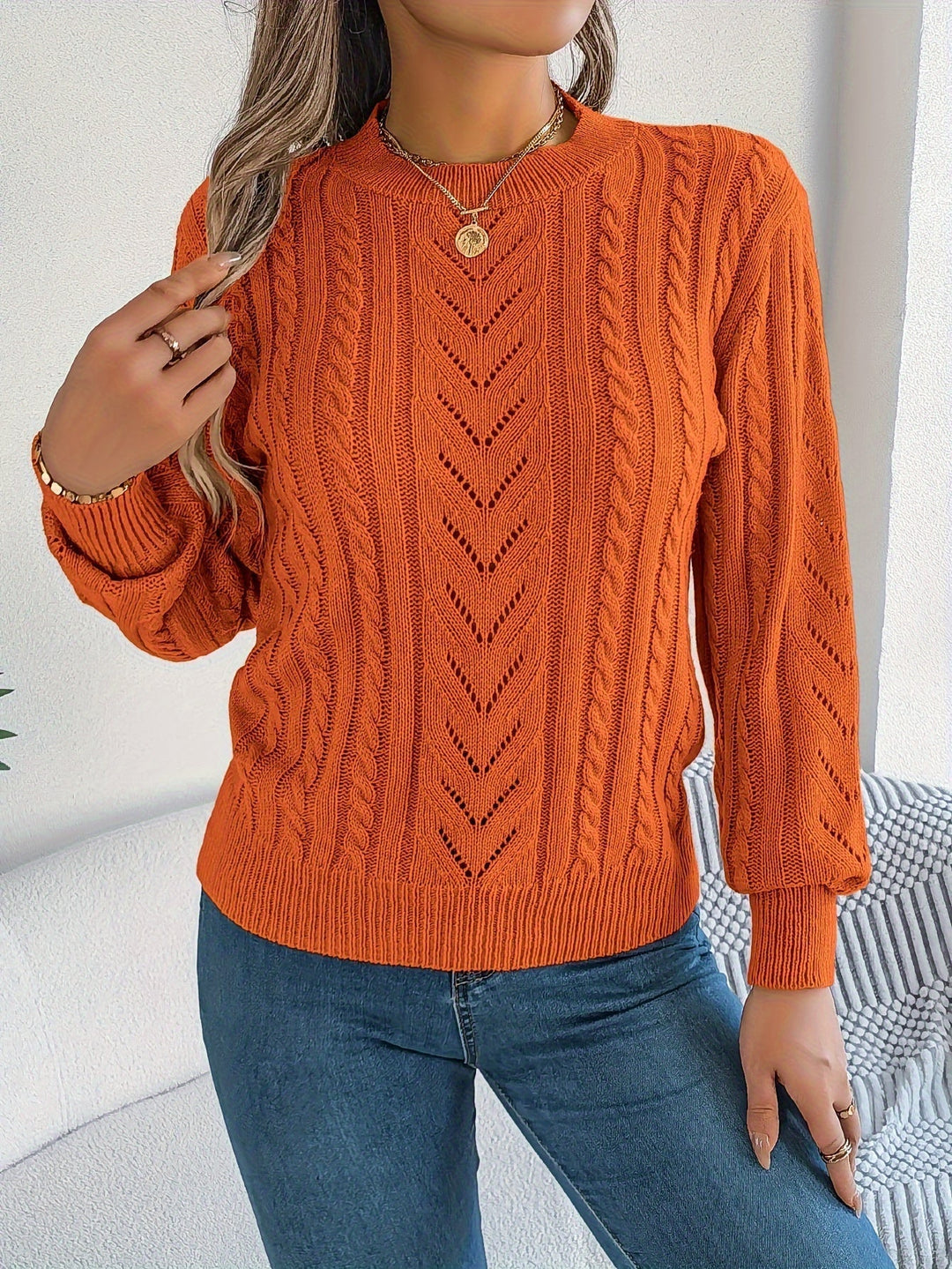 Women's Jumper – Textured Openwork Crew Neck Knit