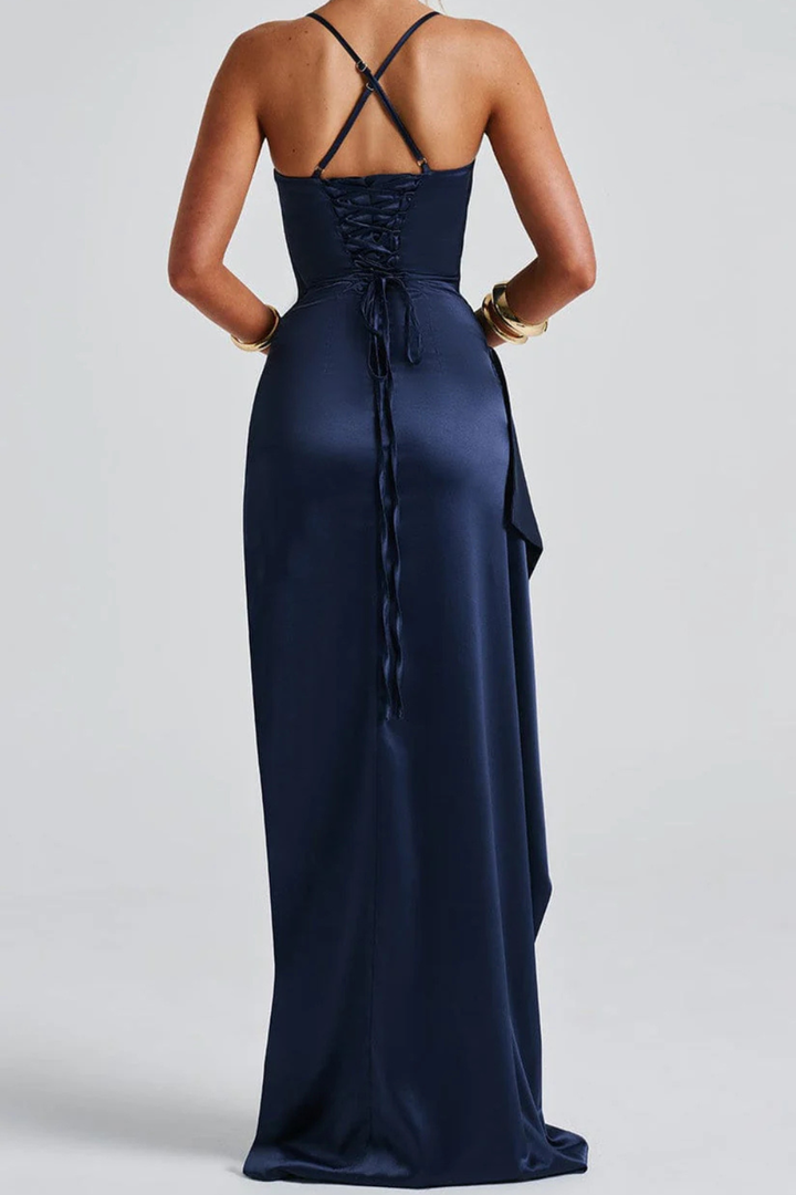 Women's Maxi Dress – Satin Strappy High-Slit
