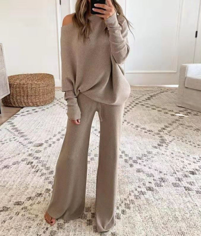 Women's Two-Piece Set – Knit Two-Piece Set Asymmetric Top & Trousers