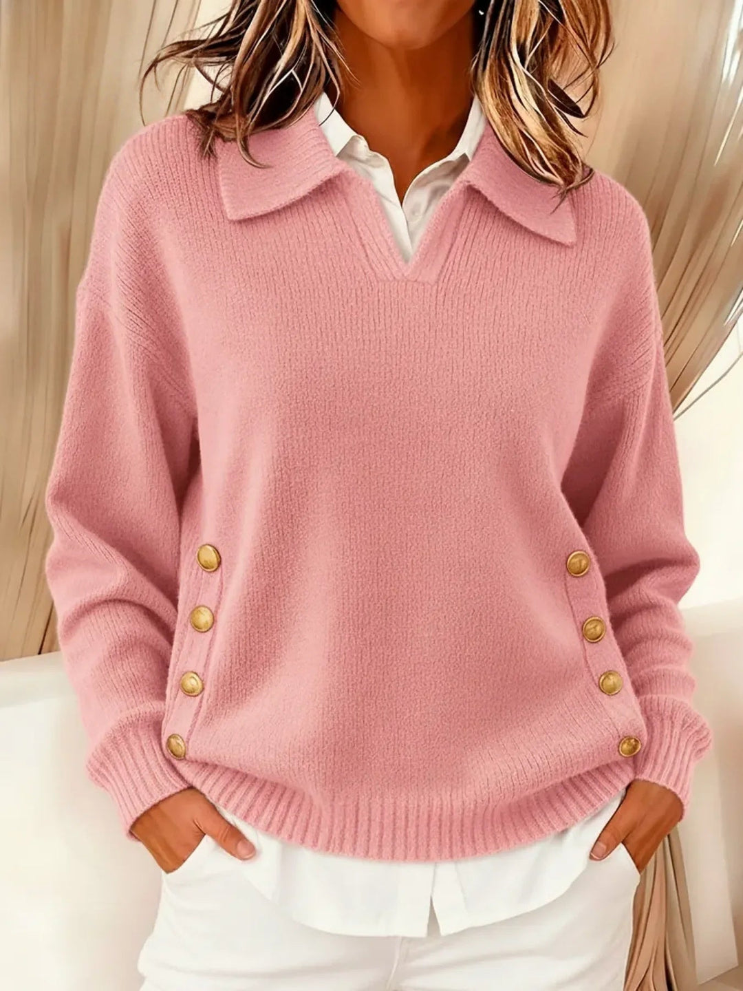 Women's Jumper – Oversized Collared V-Neck Gold Button Polo