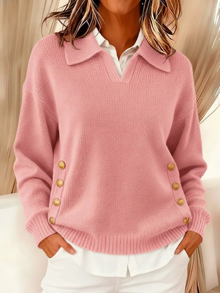 Women's Jumper – Oversized Collared V-Neck Gold Button Polo