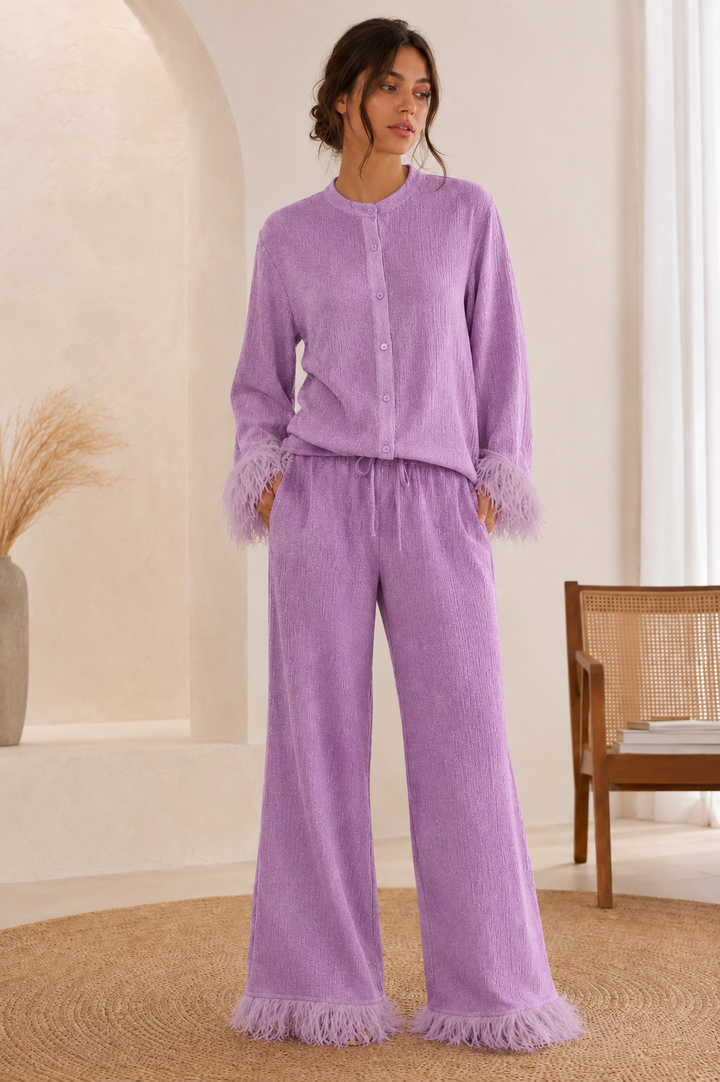 Women's Trousers – Feather-Trim Sequin Wide-Leg Co-Ord