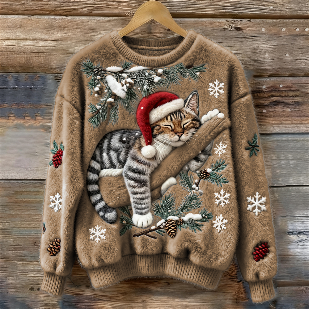 Women's Jumper – Festive Cat Print Crew Neck Christmas