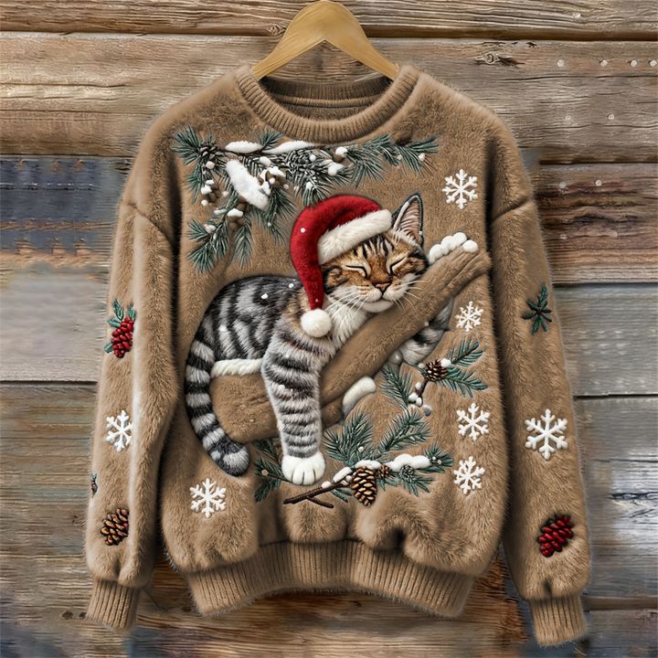 Women's Jumper – Festive Cat Print Crew Neck Christmas