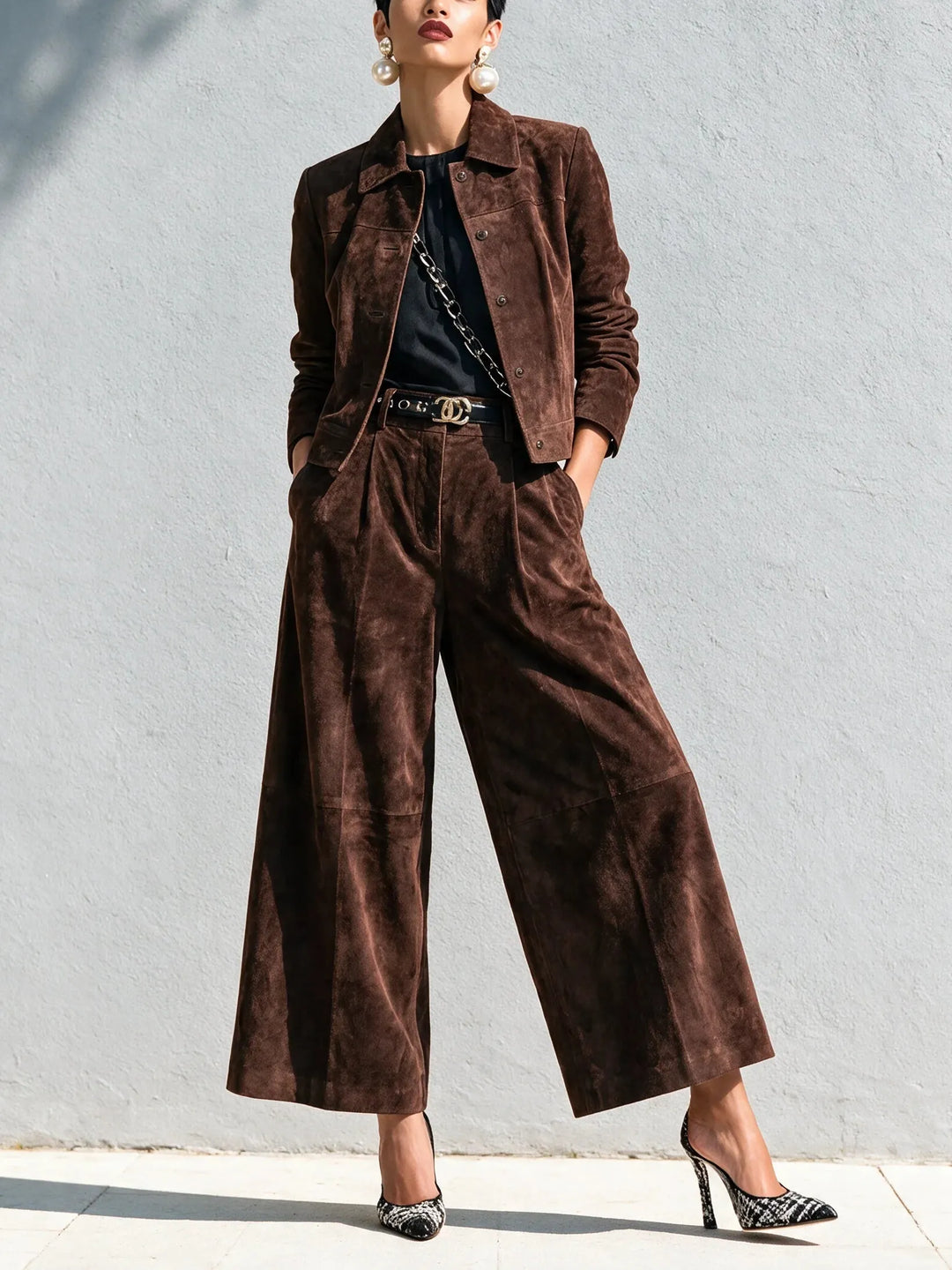 Women's Matching Outfit – Dark Brown Faux Suede Jacket & Wide-Leg Trousers Set
