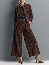Women's Matching Outfit – Dark Brown Faux Suede Jacket & Wide-Leg Trousers Set
