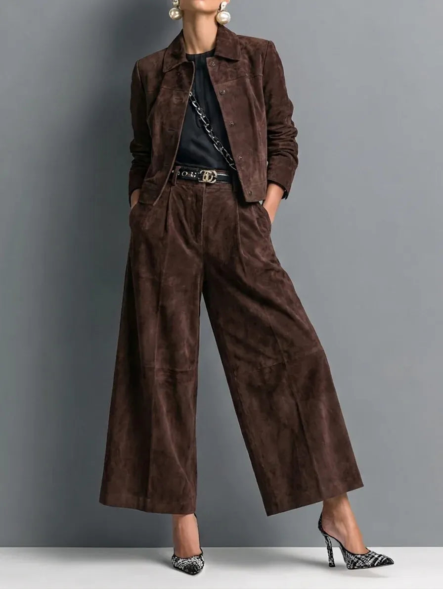 Women's Matching Outfit – Dark Brown Faux Suede Jacket & Wide-Leg Trousers Set
