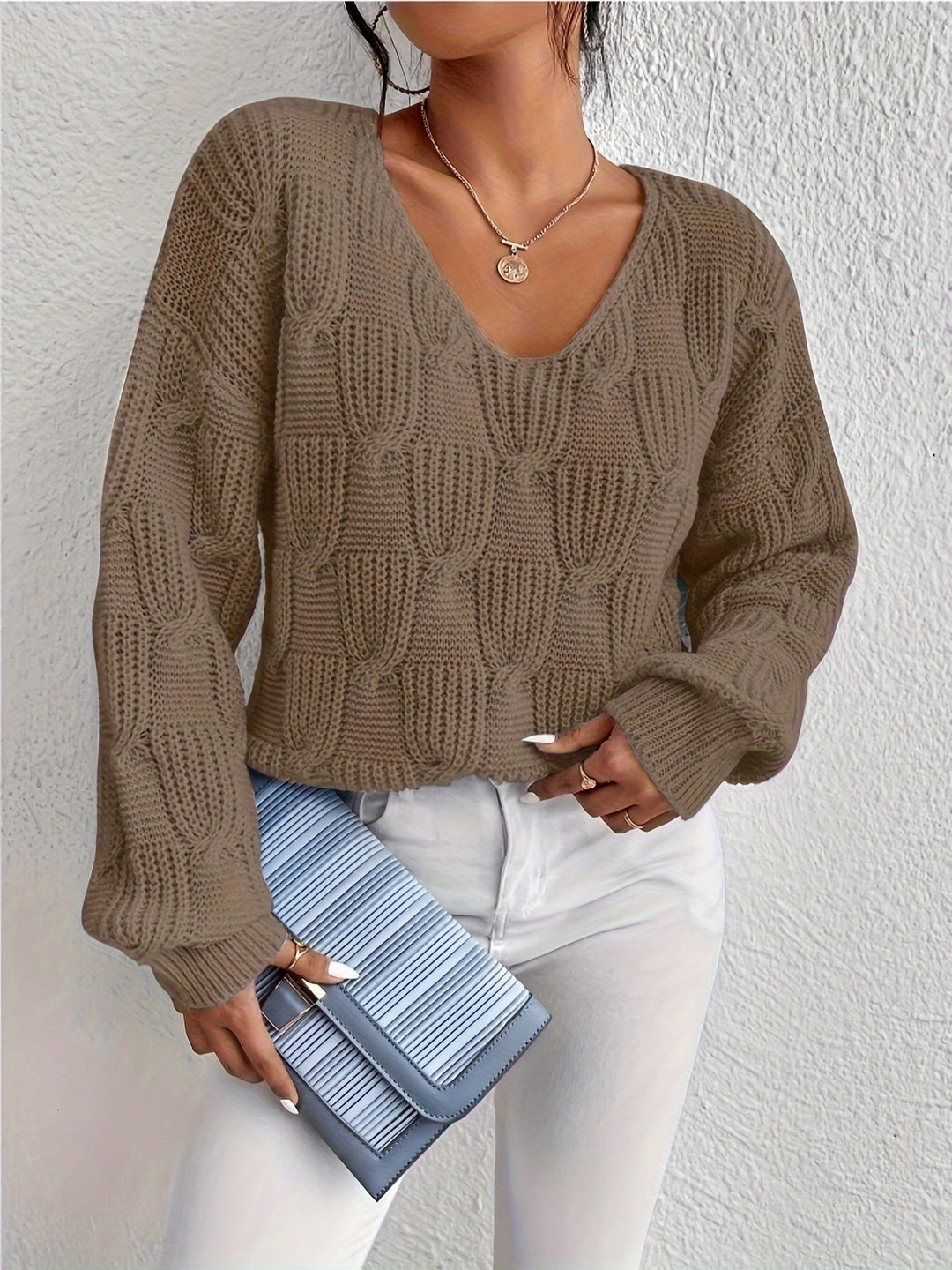 Women's Jumper – Cable Knit V-Neck Puff Sleeves
