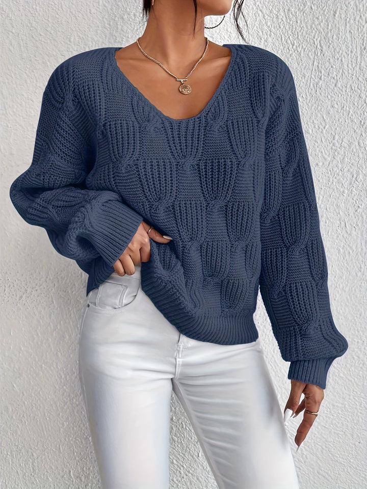 Women's Jumper – Cable Knit V-Neck Puff Sleeves