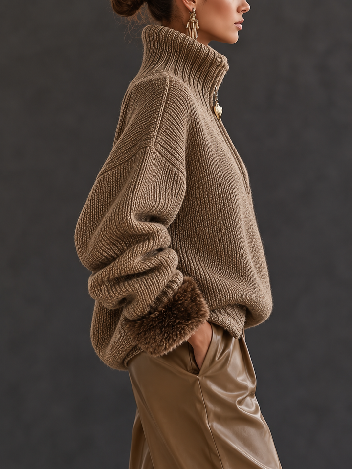 Women's Jumper – Half-Zip Chunky Knit Fur Cuffs