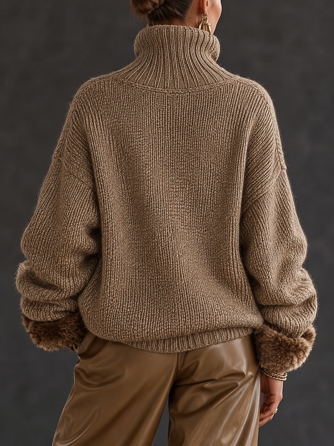 Women's Jumper – Half-Zip Chunky Knit Fur Cuffs