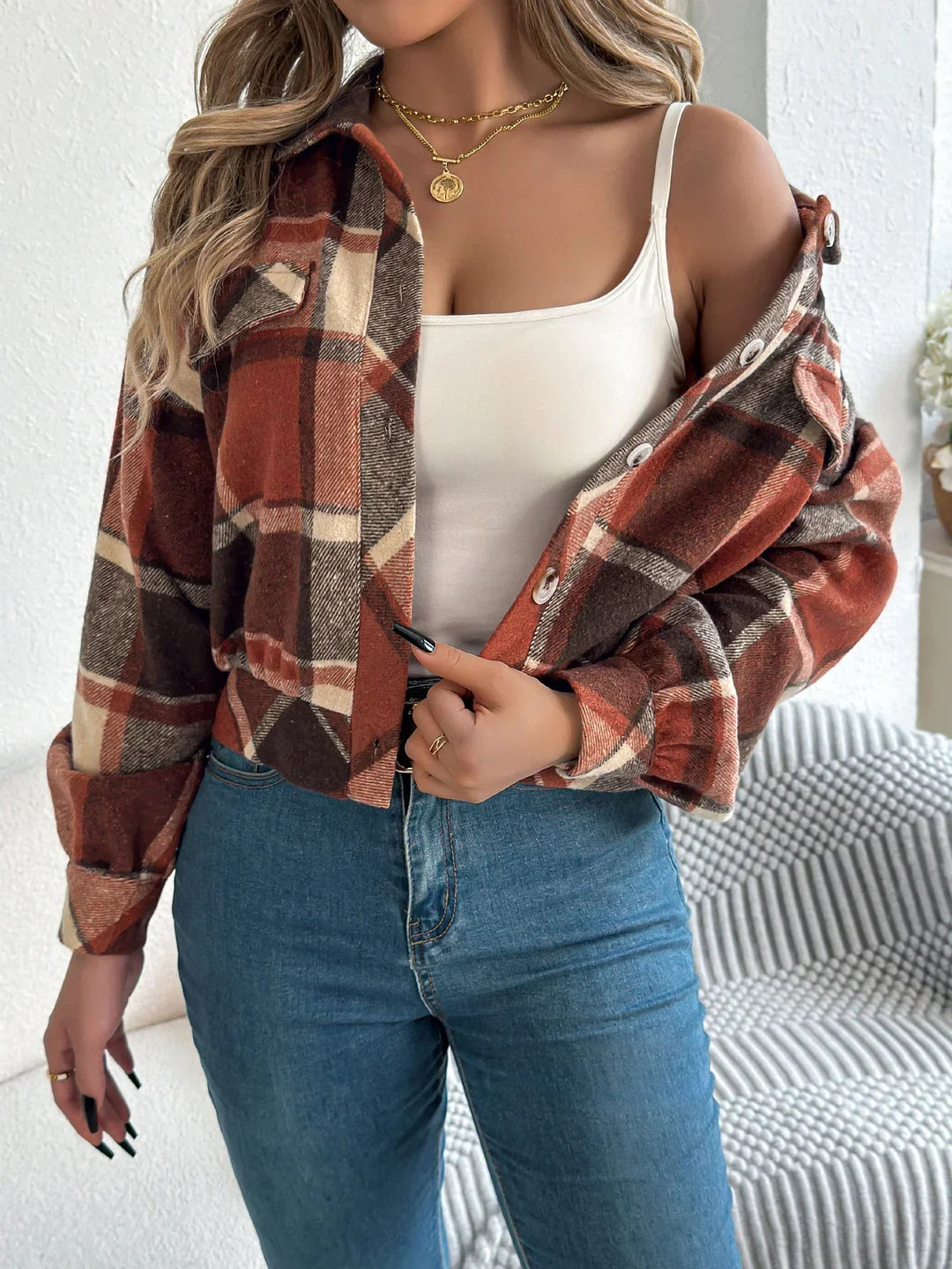 Women's Shacket – Cropped Check Relaxed-Fit