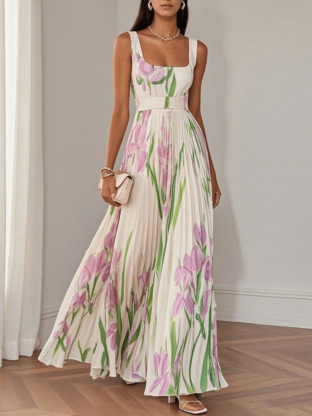 Women's Maxi Dress – Floral Chiffon Pleated Party