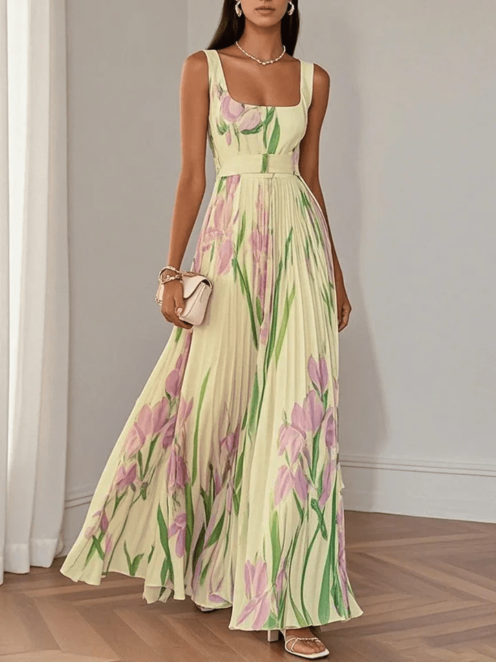 Women's Maxi Dress – Floral Chiffon Pleated Party