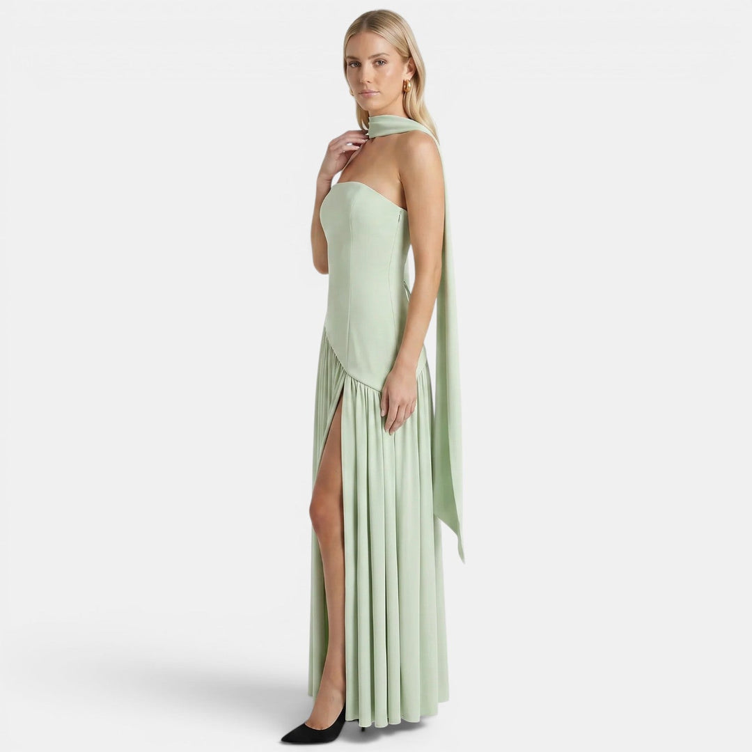 Womens Fashion Style - Women's Strapless Maxi Dress with Asymmetric Draping - product view 13