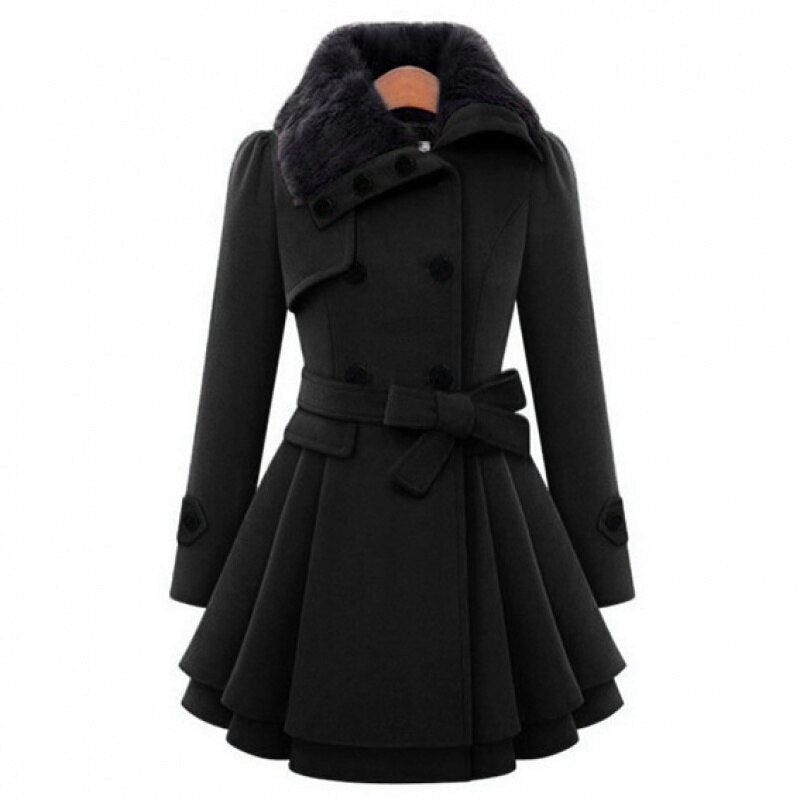 Women's Jacket – Faux Fur Collar Belted Wool-Blend