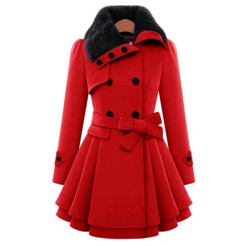 Women's Jacket – Faux Fur Collar Belted Wool-Blend