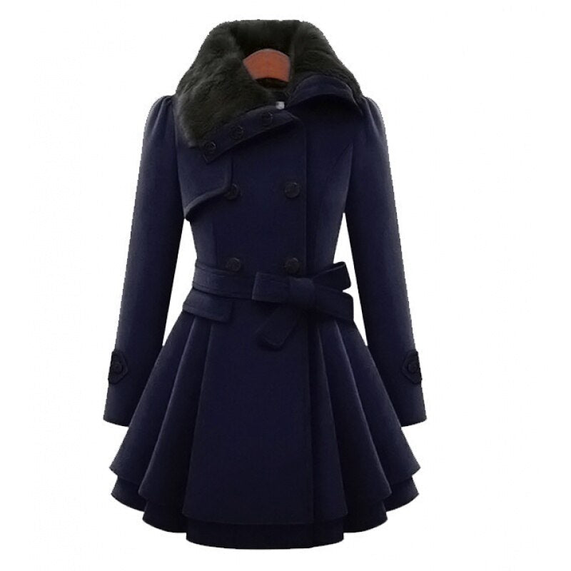 Women's Jacket – Faux Fur Collar Belted Wool-Blend