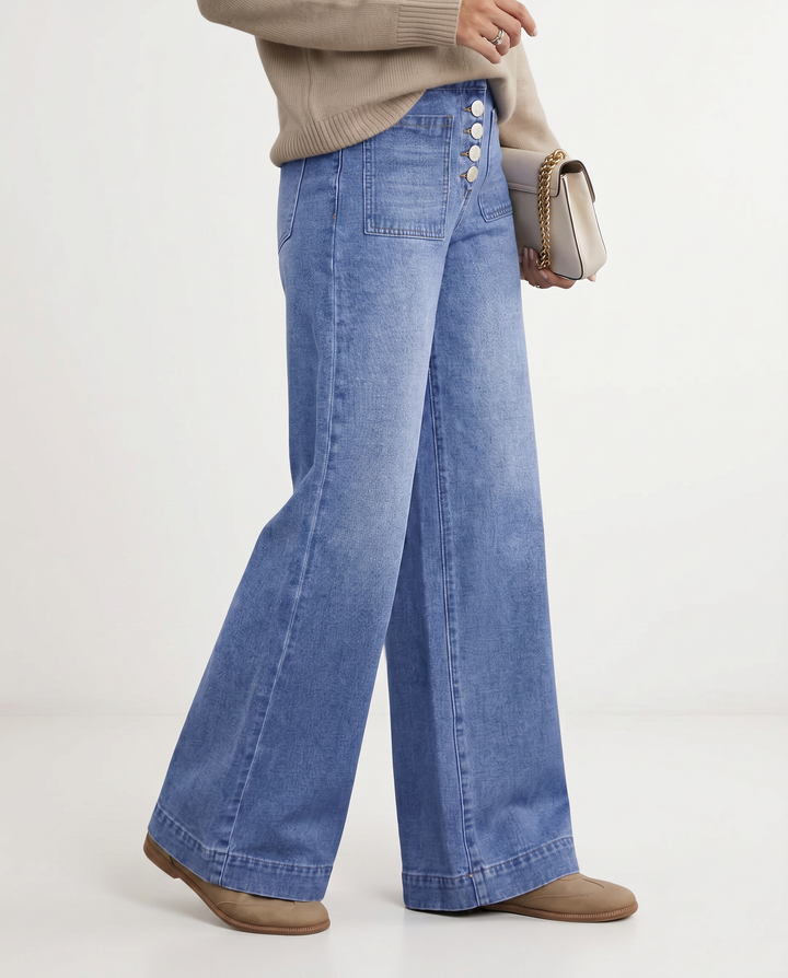 Women's Jeans – High-Waisted Blue Denim Wide-Leg Button-Front