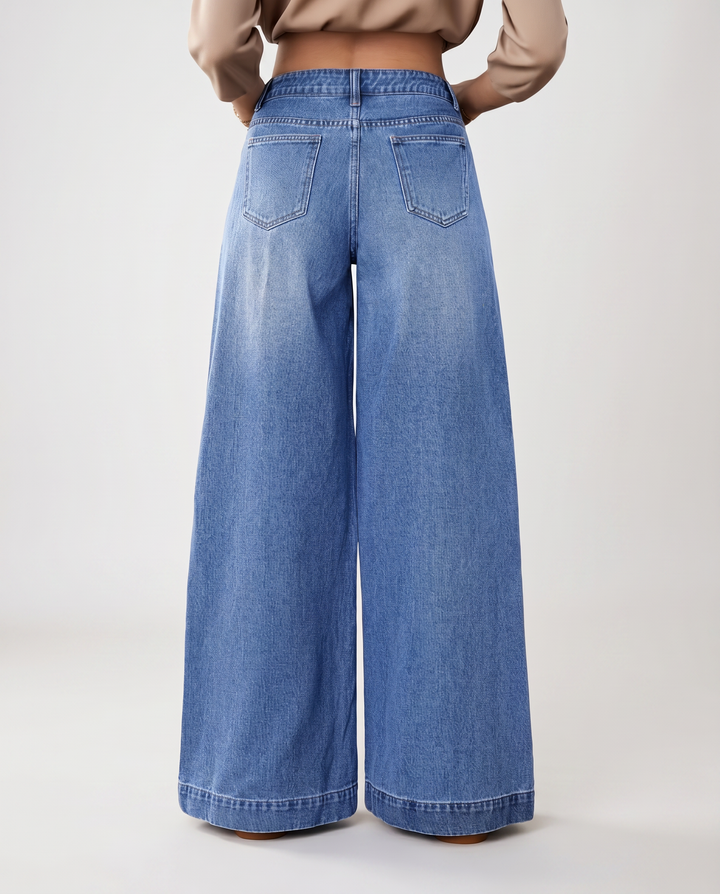 Women's Jeans – High-Waisted Blue Denim Wide-Leg Button-Front