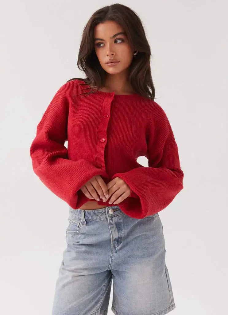 Women's Cardigan – Red Knit Classic Fit Autumn