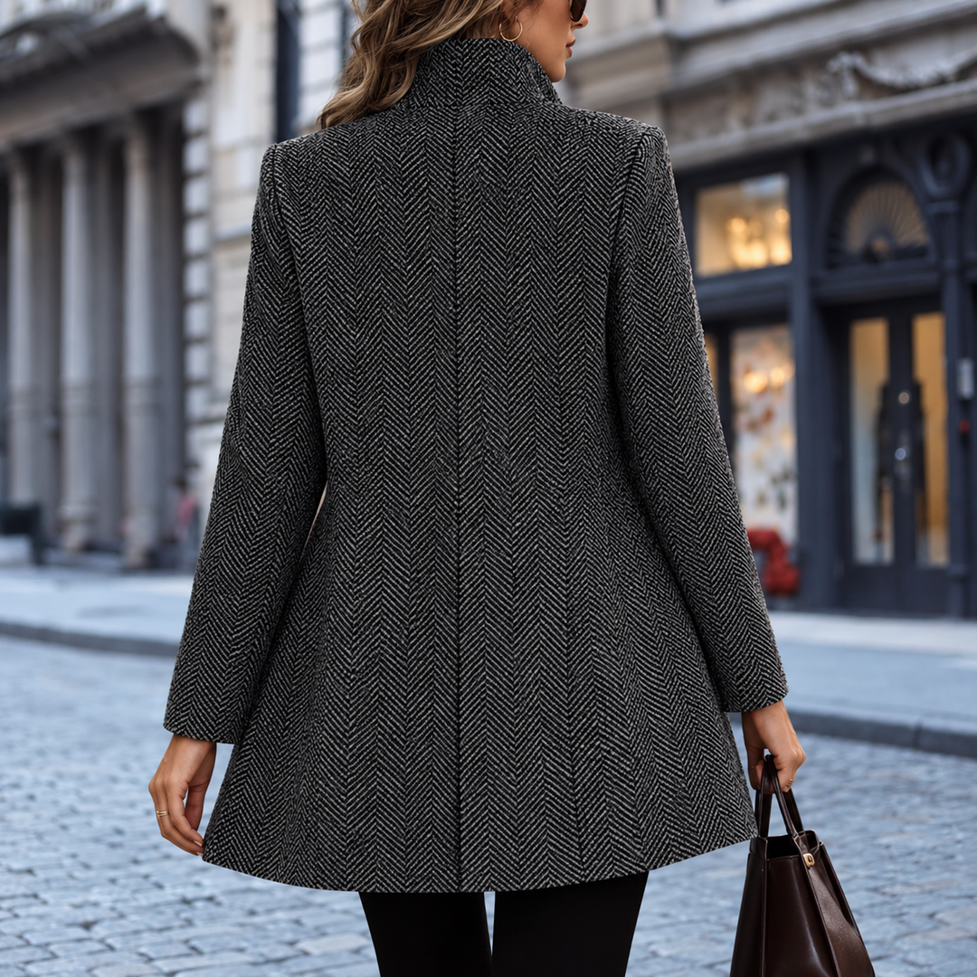 Women's Coat – Open Front Wool Herringbone Texture
