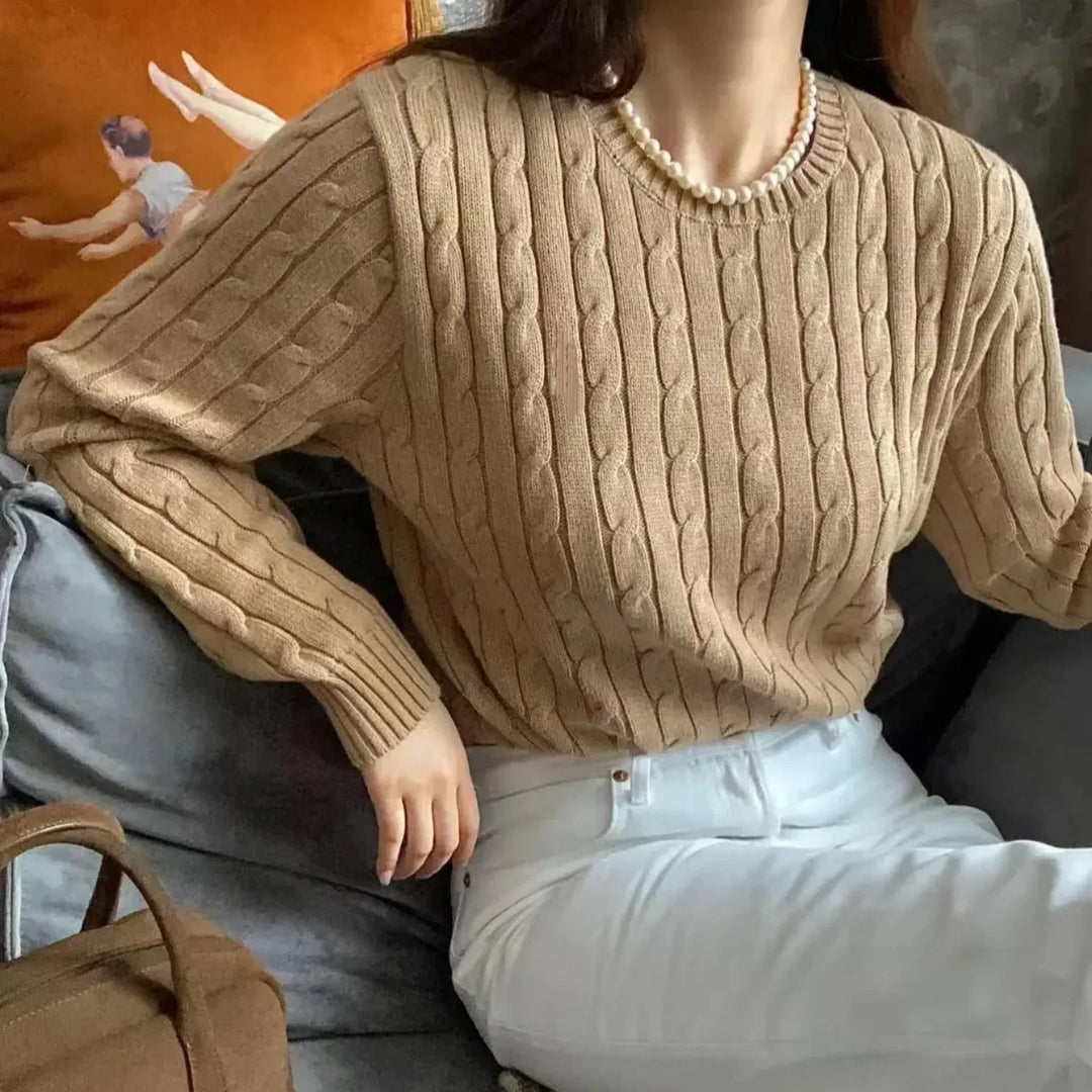 Women's Jumper – Pure Cotton Cable-Knit Crew-Neck