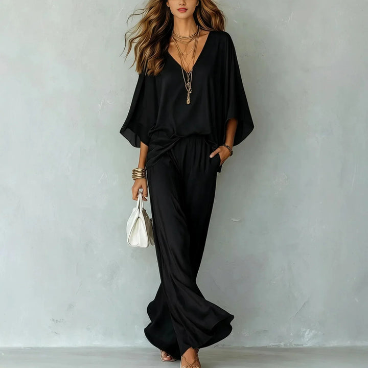 Women's Two-Piece Set – Draped V-Neck Wide-Leg Trouser Co-Ord Set