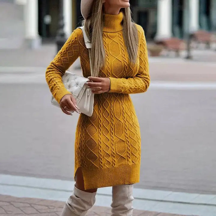 Women's Knitted Dress – Cable-Knit Turtleneck Fitted