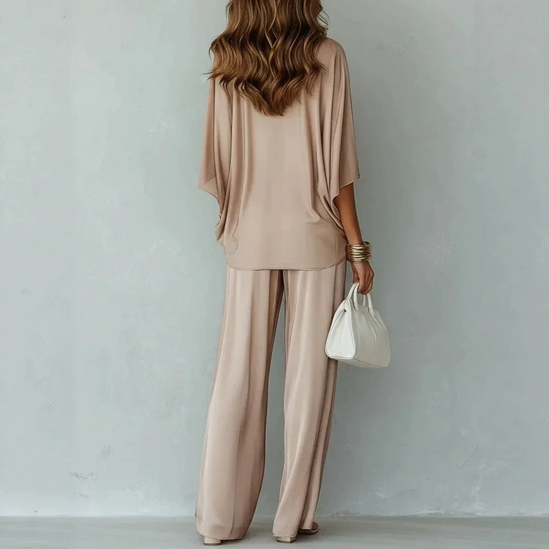 Women's Two-Piece Set – Draped V-Neck Wide-Leg Trouser Co-Ord Set